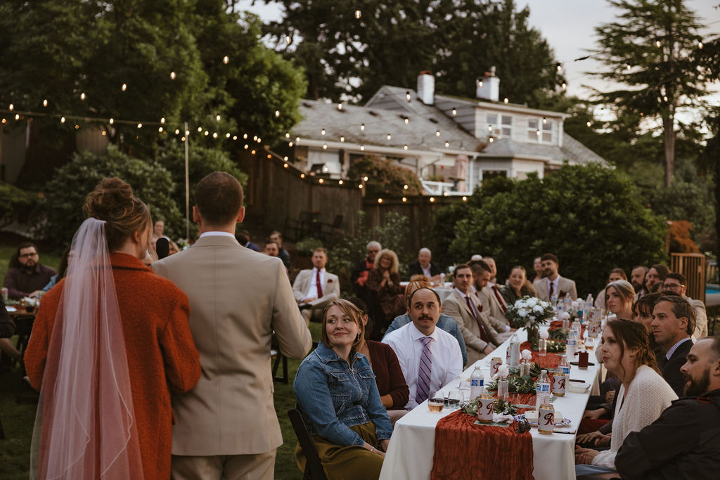 An intimate backyard wedding reception overlooking the Puget Sound in Tacoma, Washington