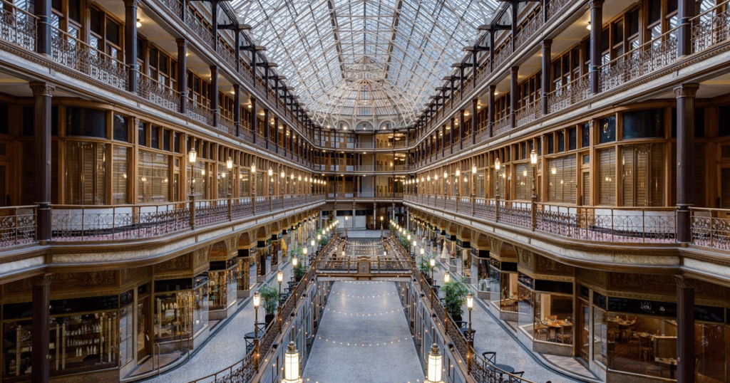 Taking engagement photos at The Arcade in Cleveland
